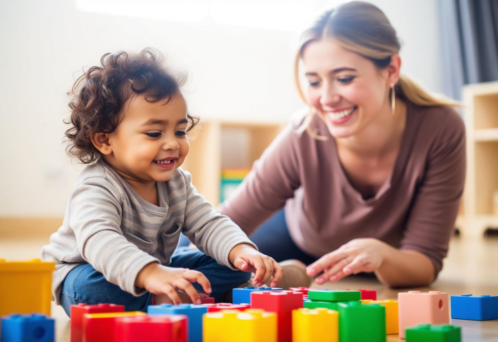 Therapist playing with a young child using colorful blocks